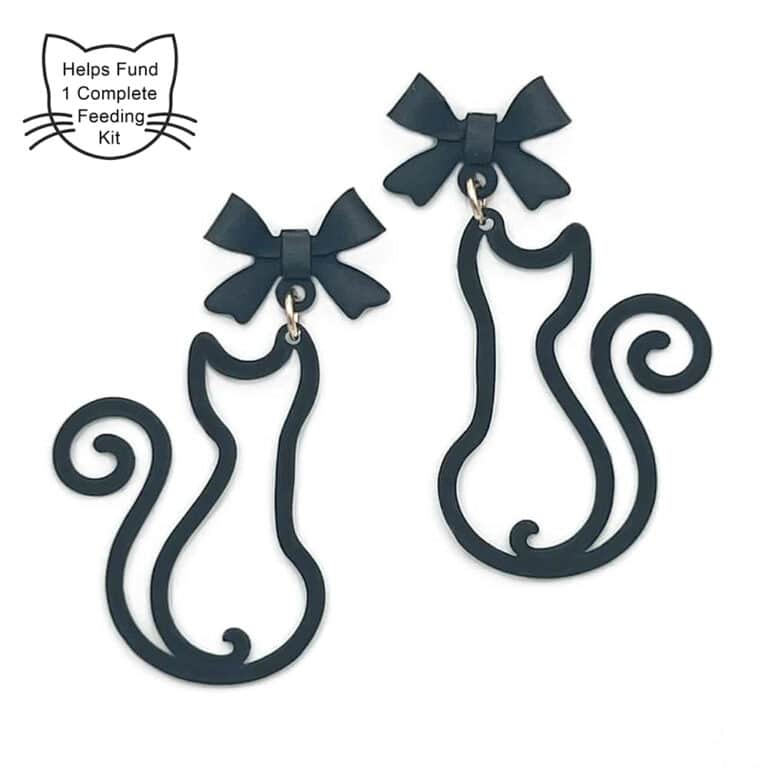 Purrfect Start -Elegant Kitty with Metal Bow Ribbon Dangle Earring  – Saving The Tiniest Of Lives