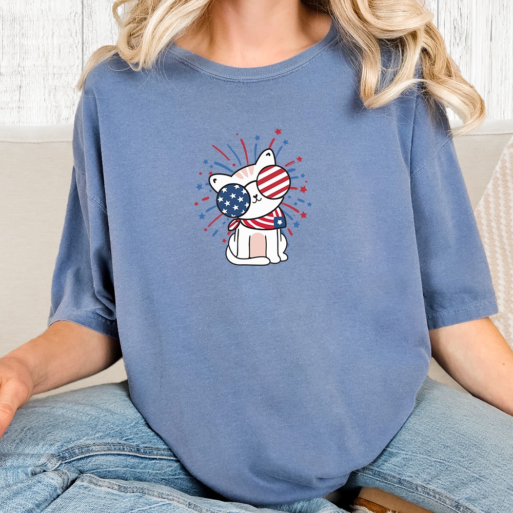 Comfort Colors All-American Party Cat Vintage Washed Tee - Blue Jean