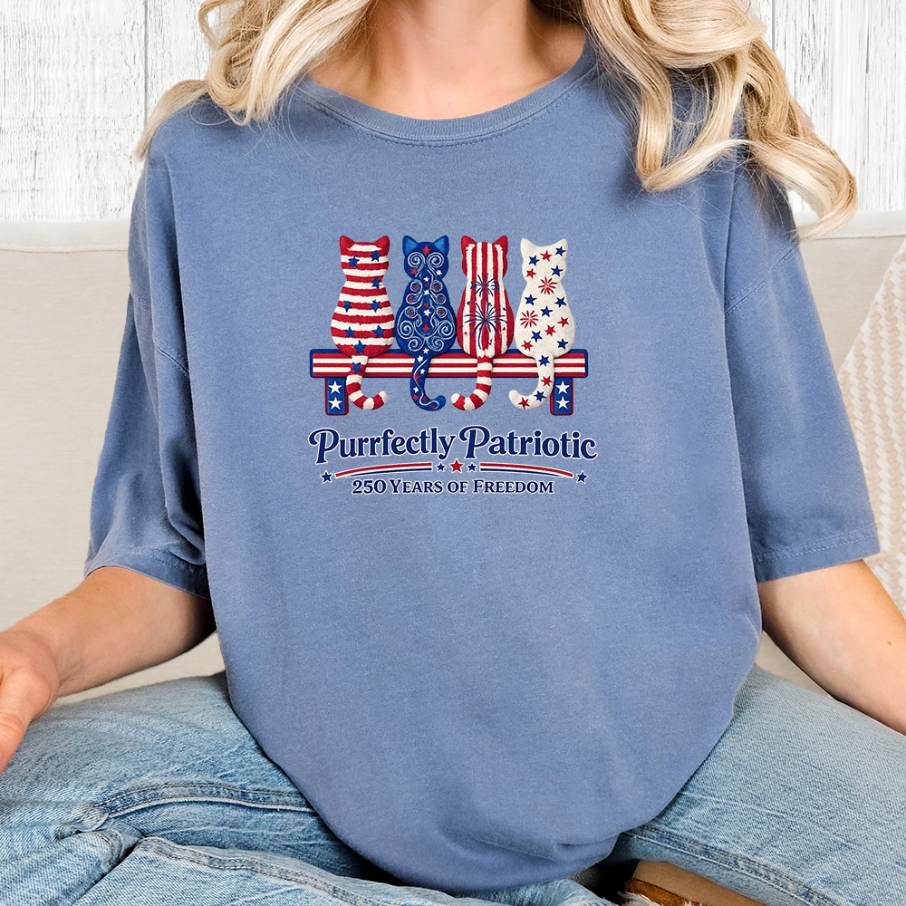 Comfort Colors 250 Years Of Freedom Purrfectly Patriotic Vintage Washed Tee - Blue Jean