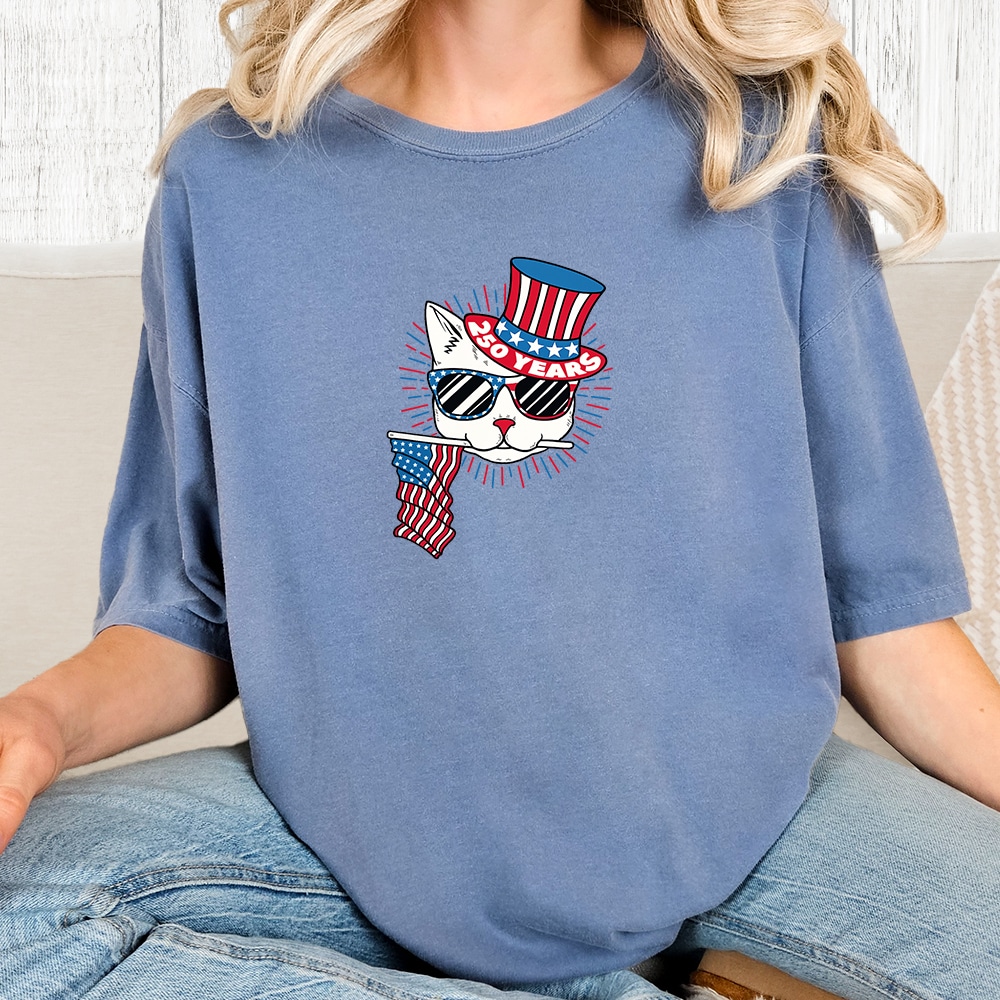 Comfort Colors Red, White & Meow – 250 Years Vintage Washed Tee - Blue Jean