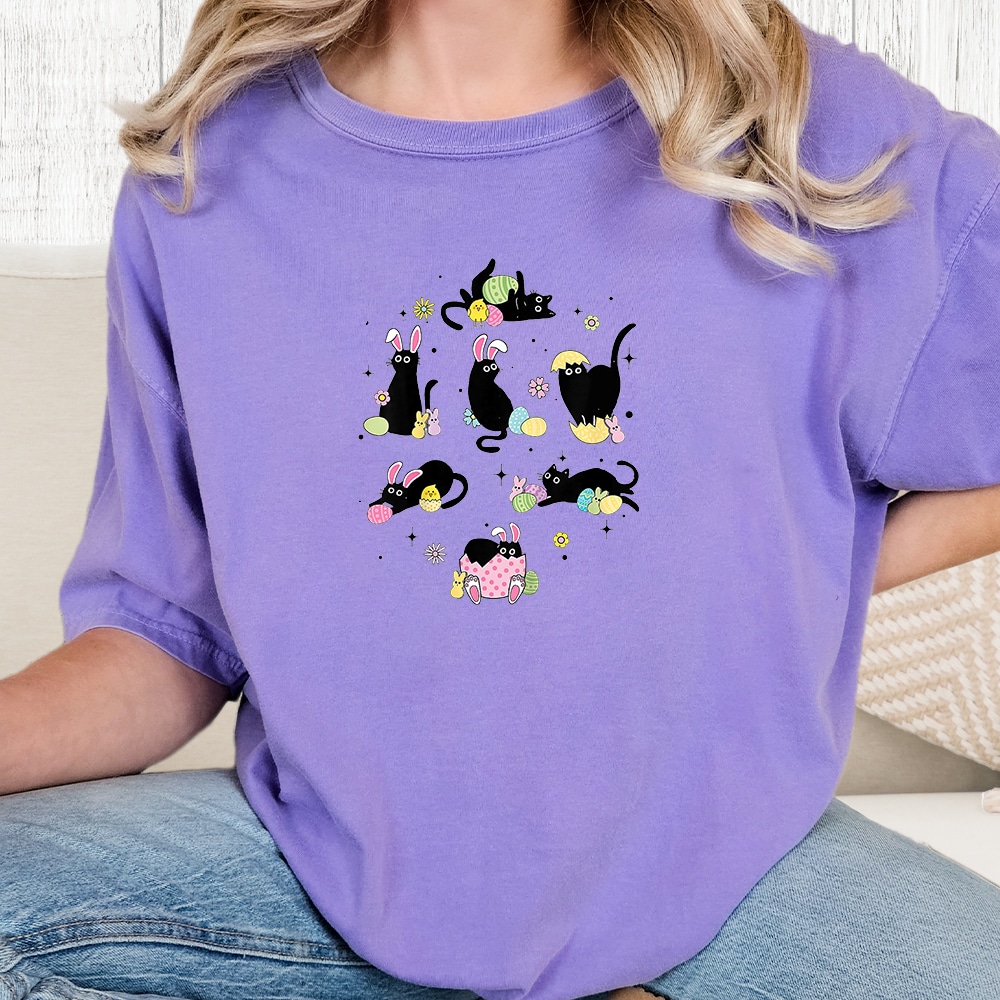 Comfort Colors Egg Hunt Kitties Vintage Washed Tee - Violet