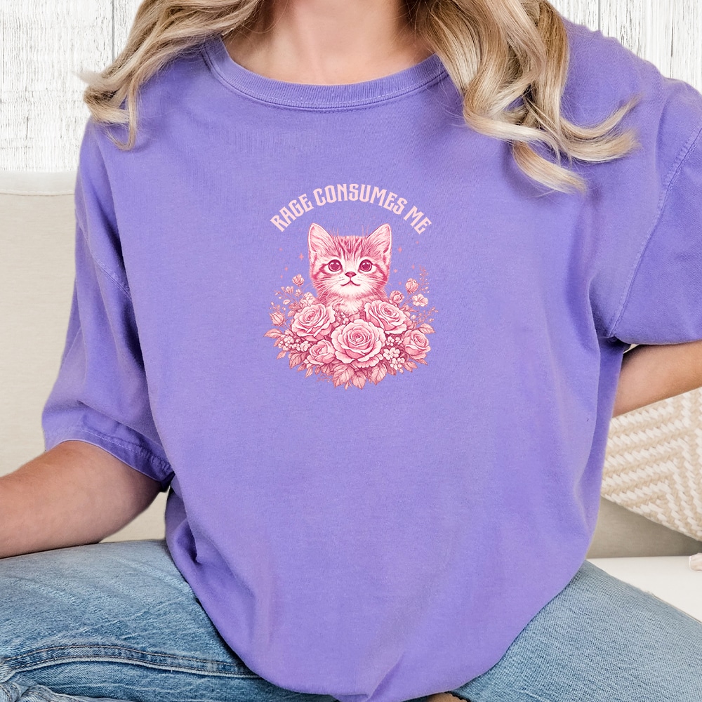Comfort Colors Rage Consumes Me Kitty Vintage Washed Tee - Violet