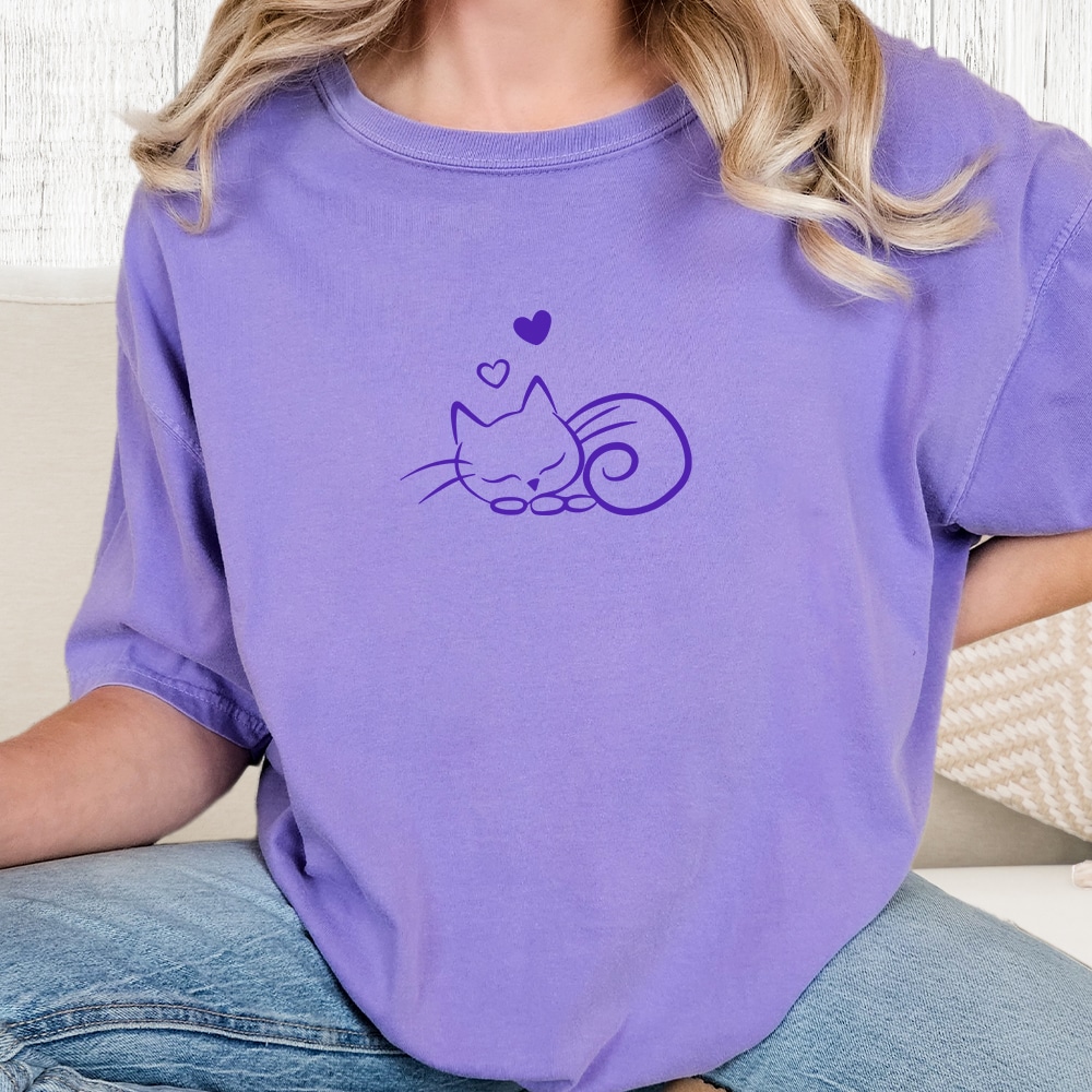 Comfort Colors Sleepy Kitty Vintage Washed Tee - Violet