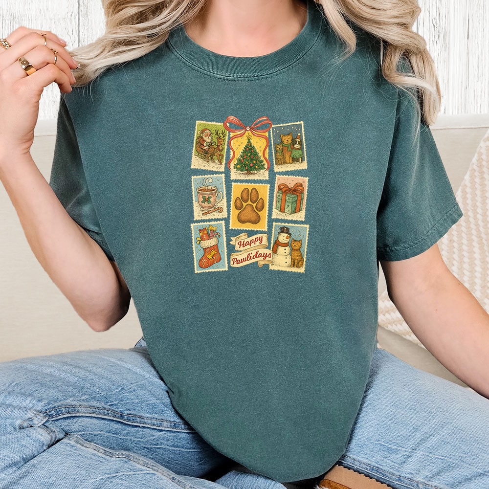 Comfort Colors Christmas Stamps Vintage Washed Tee - Blue Spruce