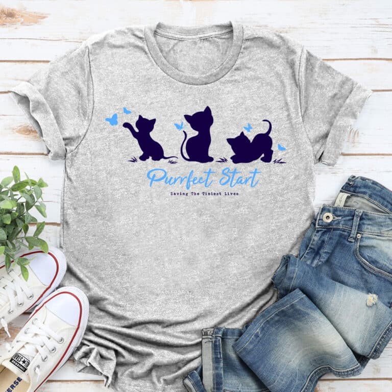 Purrfect Start - Kitties & Butterflies Standard Tee Heather Grey: Helps Fund 1 Feeding Kit to Save Kittens’ Lives