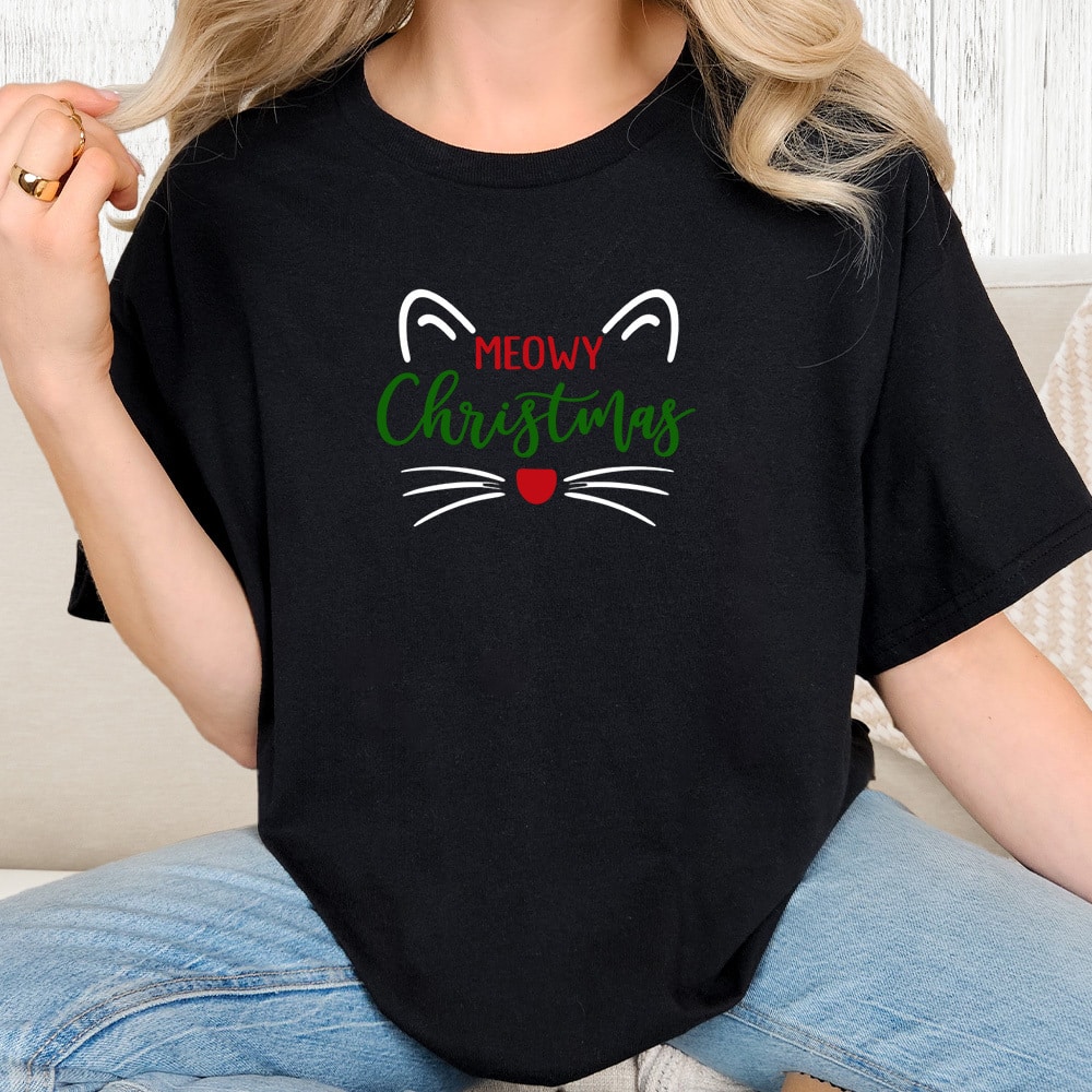 Comfort Colors Meowy Christmas Face Vintage Washed Tee - Black