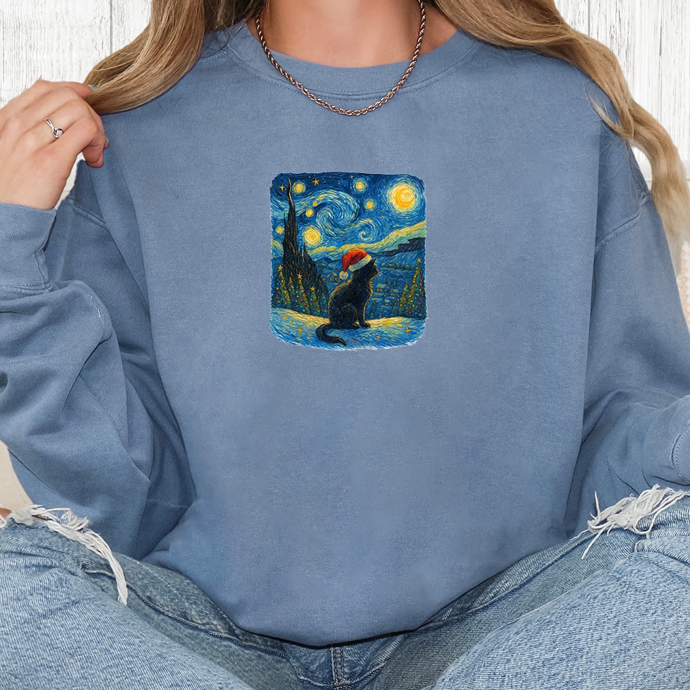 Comfort Colors Starry Night Cat Premium Sweatshirt - Blue Jean