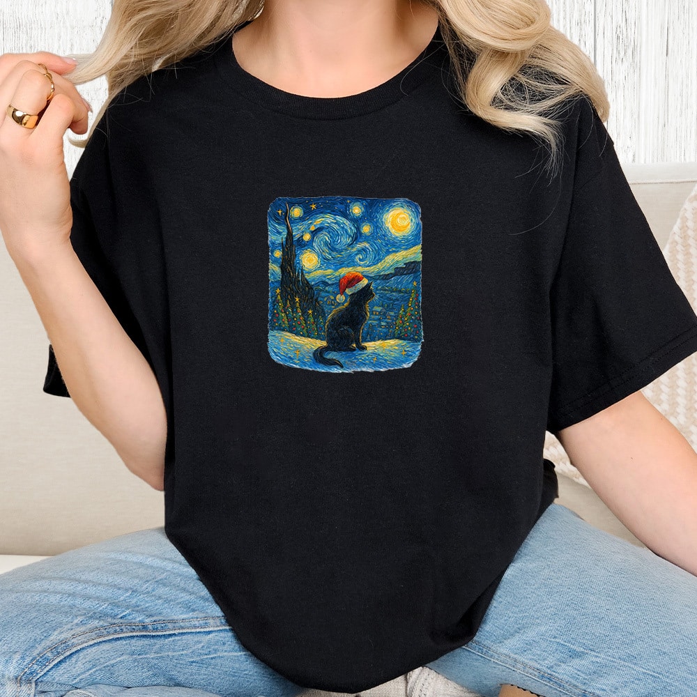Comfort Colors Starry Night Cat Vintage Washed Tee - Black