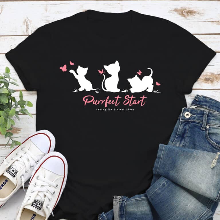 Purrfect Start - Kitties & Butterflies Standard Tee Black With Pink - Helps Fund 1 Feeding Kit to Save Kittens’ Lives
